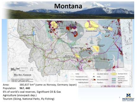 몬타나주 내 CO2 저장 가능 잠재량 (부존 자원 분석 지도)