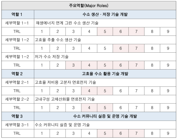 ‘수소경제사회 선도를 위한 수소 공급 및 활용 기술 개발’의 주요역할 및 세부역할