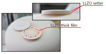 제조된 LLZO setter 와 setter 사이에서 소결된 LLZO 후막 사진