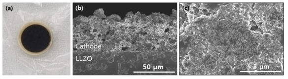 LLZO 기판위에 coating된 양극복합체. (a)광학사진 (b)단면 SEM사진 (c)표면 SEM사진