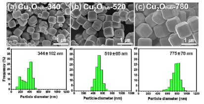 Cu2Ocub 촉매의 SEM 이미지와 입자크기 분포: (a) Cu2Ocub-340, (b) Cu2Ocub-520, (c) Cu2Ocub-780