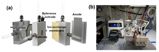 CO2 환원반응기 및 시스템: (a) GDE flow cell, (b) 반응 시스템 구성