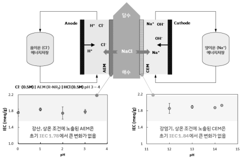 강염기와 강산에 노출된 CEM과 AEM의 이온교환용량 (IEC) 변화