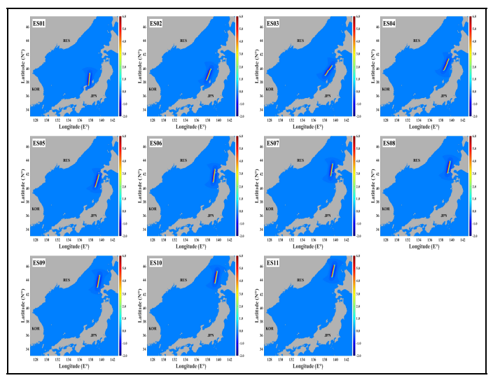 동해 동연부 해역에서 발생하는 Mw 8.1 지진해일 초기파형 (Unit: m)