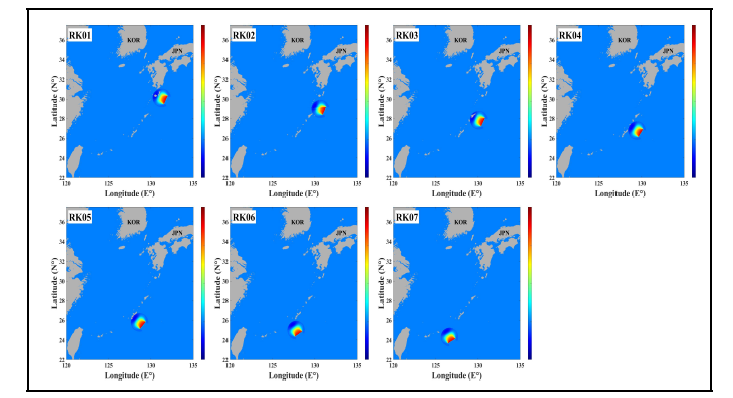 류큐 해구에서 발생하는 Mw8.2 지진해일 초기파형 (Unit: m)