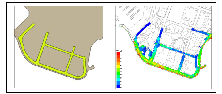 태풍 차바시 해운대 마린시티 주변 침수결과 비교(좌: 침수흔적도, 우: FLOW-3D 모델결과)