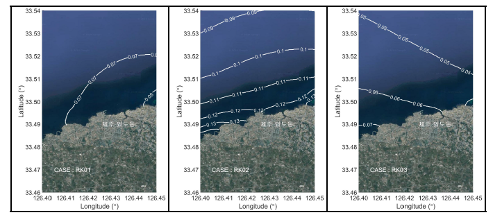 류큐 해구 Mw 8.2 지진해일에 의한 제주 외도동의 최대 해일고 분포 (RK01~03) (Unit: m)