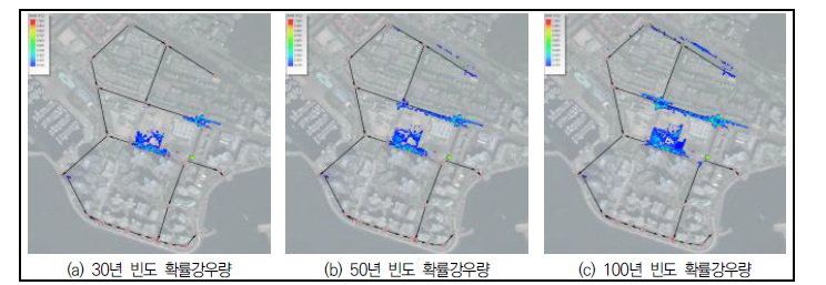 부산시 마린시티에 대한 지진 해일 및 빈도별 확률강우량에 의한 침수 분석 결과