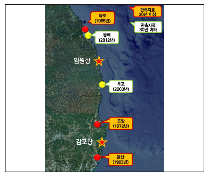동해안 조위관측소 위치 및 관측 개시연도 (국립해양조사원)