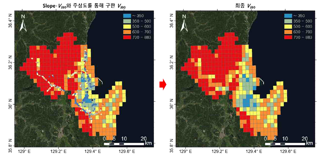 [수실]주상도와 USGSS의 slope-VS30를 이용하여 VS30 도출 후, 격자별 최종   추출의 예: 포항지역