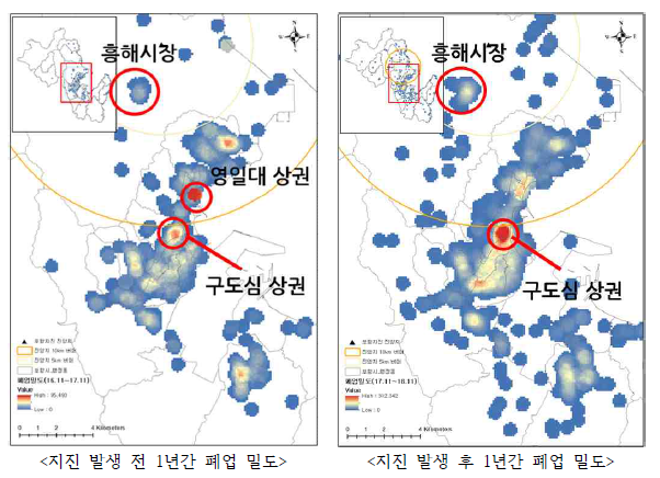 지진 전·후 포항시 음식점·주점업 폐업의 공간적 분포 출처 : 지방행정 인허가데이터 개방시스템(행정안전부) 자료를 바탕으로 연구진 작성