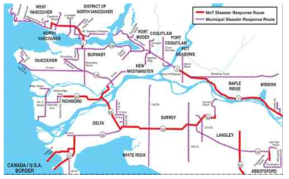 벤쿠버의 재난 긴급수송로 예시 출처: www.vancouver.ca
