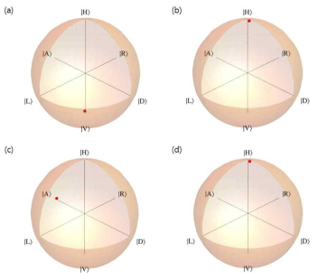 Bit과 Basis에 따라 생성된 양자 상태의 결과 (a) bit 0 basis 0, (b) bit 1basis 0, (c) bit 0 basis 1, 그리고 (d) bit 1, basis 1일 때 출력 되는 양자 상태