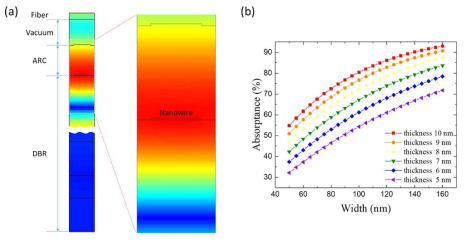 (a) 소자의 구조 및 전기장 분포, (b) 나노선 구조에 따른 흡수율 변화 그래프