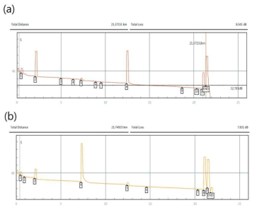KRISS-NSR 통신망의 광 손실과 거리 측정 결과. (a)는 첫 번째 광섬유이고, (b)는 두 번째 광섬유의 결과임