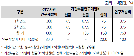 정부지원연구개발비 및 기관부담연구개발비 예시