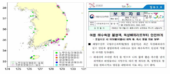 Distribution of toxic jellyfish in early July (left) and news letter (right)