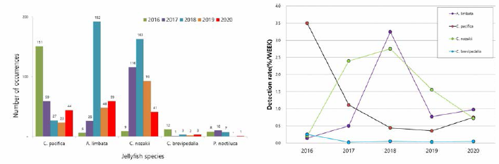 Monthly toxic jellyfish occurrence number and rate during 2016〜 2020