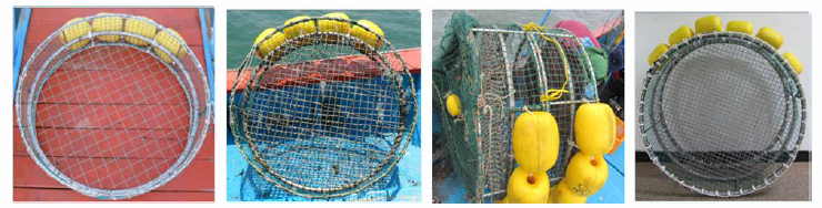 Picture of removal devices used for sea trial test. From the left : Grid space of 30, 40, 50, 60 mm, Barbed wire grid, Double grid, Triple grid