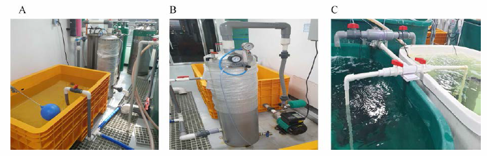 System for high water temperature damage reduction, liquefide oxygen and oxygen dissolver in laboratory of rockfish, Sebastes schlegeli. A, Connect liquefide oxygen to oxygen dissolver; B, oxygen dissolver; C, System for high water temperature damage reduction in laboratory tank