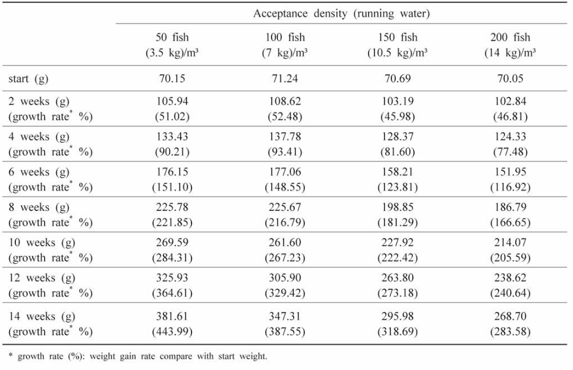 Changes in body weight and growth rate according to density of hybrid groupers, Epinephelus fuscoguttatus ♀xEpinephelus lanceolatus ♂