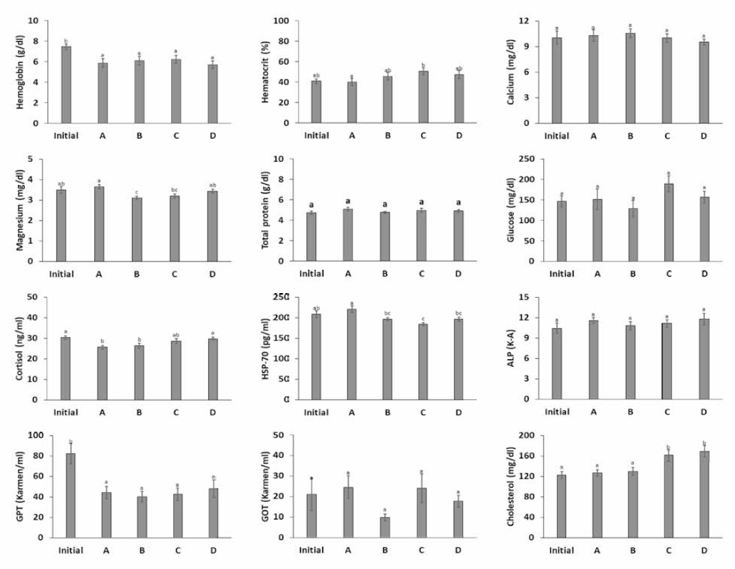 Blood analysis according to density of hybrid groupers, Epinephelus fuscoguttatus ♀xEpinephelus lanceolatus ♂. A, 50 fish (3.5 kg/m3); B, 100 fish (7 kg/m3); C, 150 fish (10.5 kg/m3); D, 200 fish (14 kg/m3)