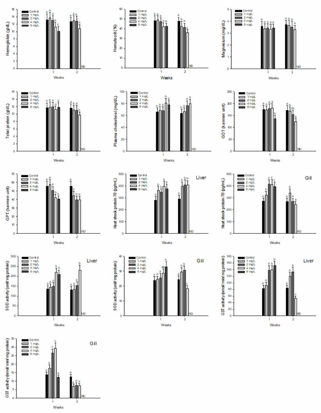 Changes of blood physiology in hybrid groupers, Epinephelus fuscoguttatus ♀xEpinephelus lanceolatus ♂exposed to waterborne ammonia for 2 weeks. Vertical bar denotes a standard error. Values with different superscript are significantly different in 1 and 2 weeks (P<0.05) as determined by Tukey’s multiple range test