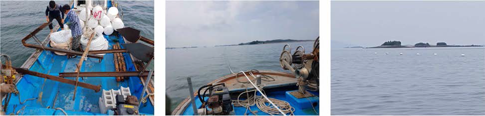 Installation for experiments in the shellfish farm (left, center) and the shellfish farm (right)