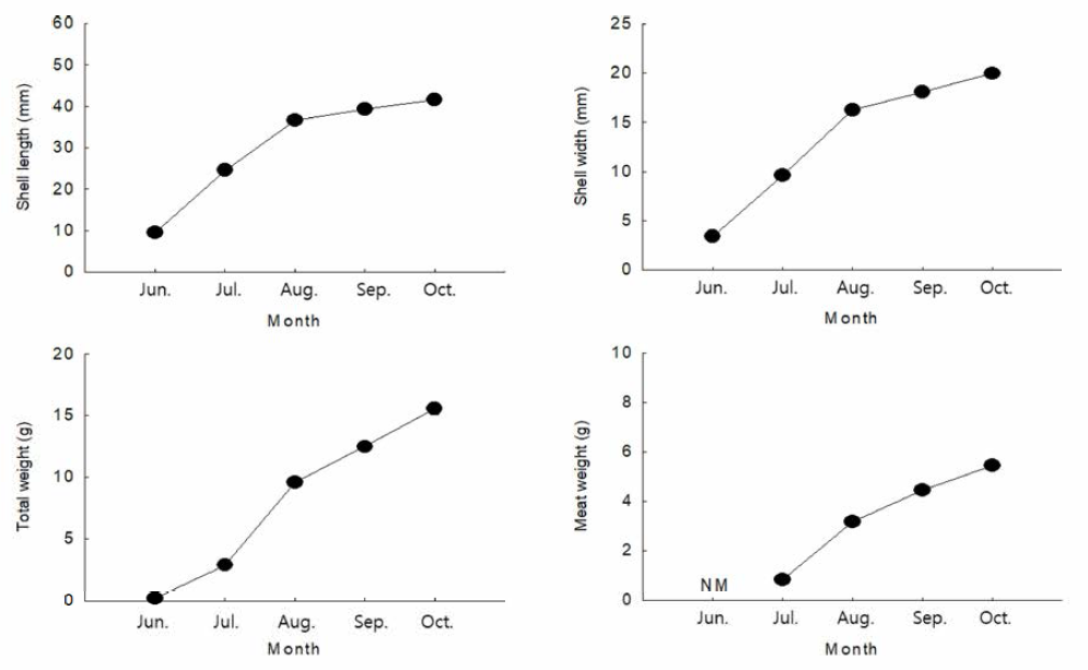 The result of monthly growth by Cheonsu Bay Argopecten irradians. (NM, not measured)