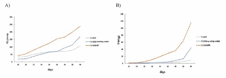 Total weight analysis of the group by DPH (A, total length; B, total weight)