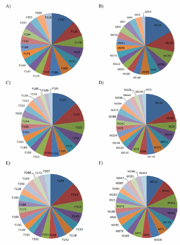 Family distribution by size (A, Large group female; B, Large group male; C, Medium group female; D, Medium group male; E, Small group female; F, Small group male)