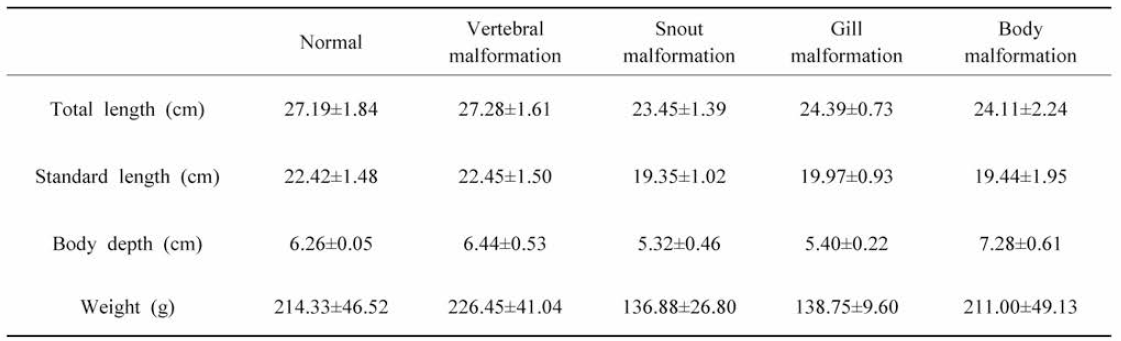 Comparative of changing length between normal and malformation fish