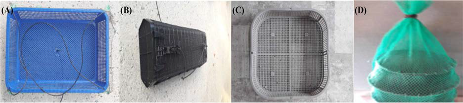 Oyster cages used in triploid individual oyster culture. A, Square basket; B, Hexcyl oyster basket produced in Australia; C, Scallop basket; D, Scallop cage