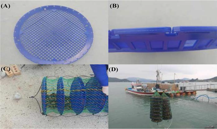 Deployed oyster cage used in this study. A, Round shape of the HDPE plate; B, Insert groove to prevent the cage damage; C, 6-tier oyster cage(mesh size; 2cm); D, Application example of the cage used in field study
