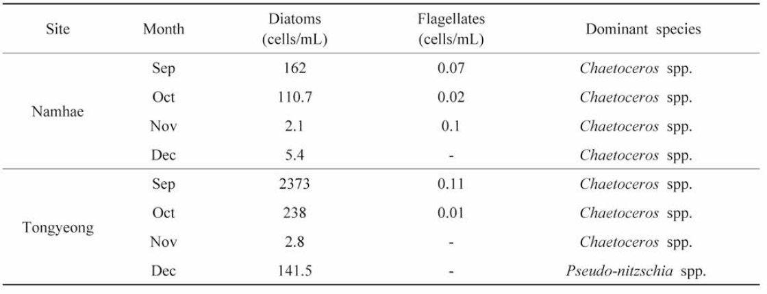 Monthly changes in phytoplankton density in diploid individual oyster farmed sites