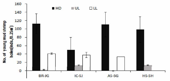 Hole densities of young mud shrimps settled m different tidal levels m 2019. HD, The highest density place; UL, Upper boundary limit of habitat; LL, Lower boundary limit of habitat. BR-JG, Boryeong Jugyo; IC-SJ, Incheon seonjae; AS-SG, Ansan Seongam; HS-SH, Hongseong Sanghwang