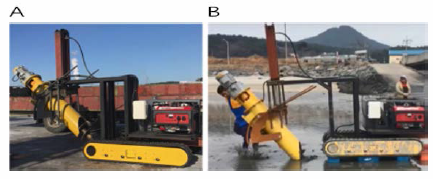 Automatic mud shrimp harvesting device. Field test of sediment transfer and performance. A, Device; B, Field test