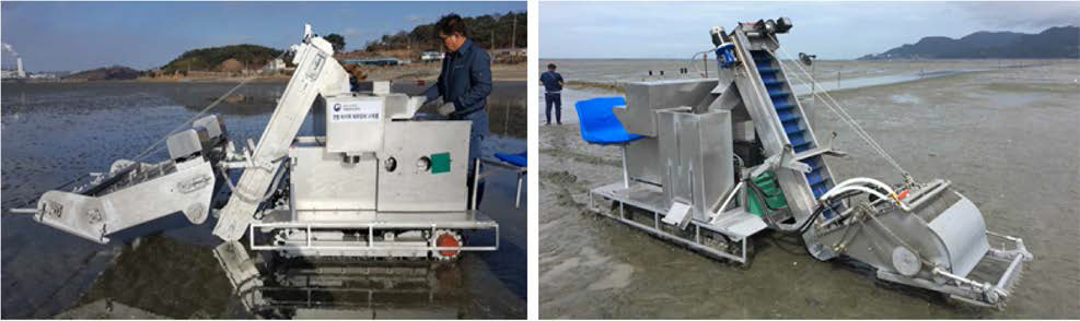 Comparison of 1st prototype (left, in 2017) and 2nd prototype (right, in 2018) of manila clam harvesting equipment