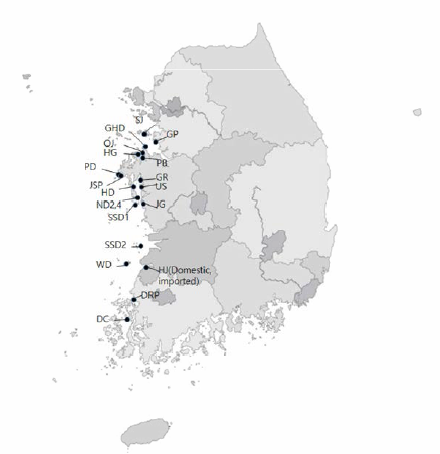 Survey sites for manila clam health investigation in the Coast of West Sea, in 2019