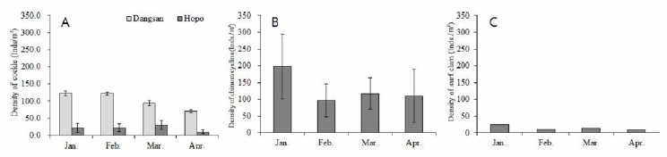 The density of common cockle (A, Taean), Chinese cyclina (B, Boryeong) and surf clam (C, Boryeong) in winter, 2017