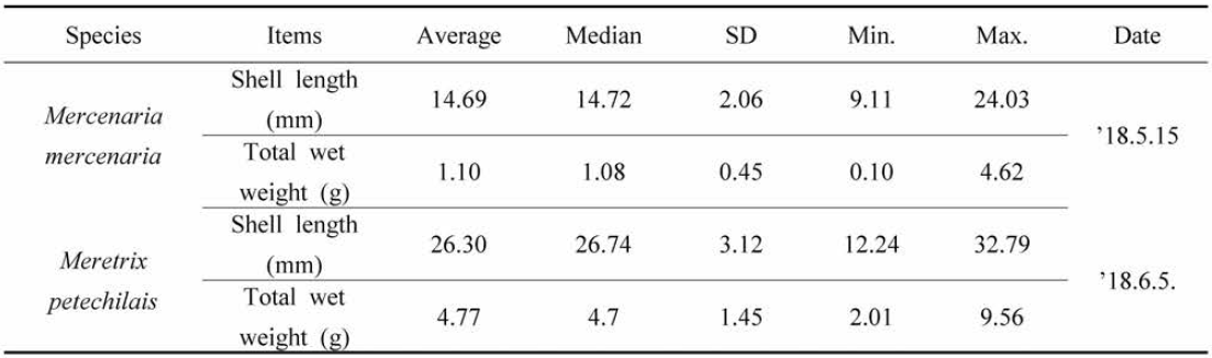 Size of Mercenaria mercenaria and Meretrix petechilais for experimental pond culture in 2018