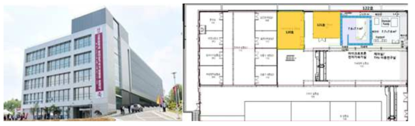 고려대학교 가속기ICT융합관 사진 (왼쪽)과 가속기ICT융합관 1층 가속기실험동 도면 (오른쪽)