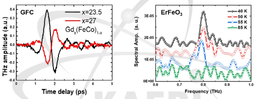 스핀 상태변화로부터 발생된 GdFeCo 조성비에 따라 발생 된 THz파 (좌) 및 온도에 따라 ErFeO3에서 발생된 THz파 스펙트럼 (우)