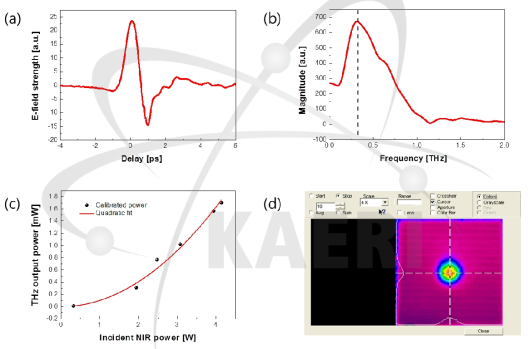 (a) SRR 위치에서 측정한 테라헤르츠 펄스의 전기장 형태, (b) 고속 푸리에 변환으로 얻은 테라헤르츠 스펙트럼, (c) 입사되는 적외선 펄스의 평균 출력에 따른 발생된 테라헤르츠 펄스의 평균 출력, (d) SRR 위치에서 집속된 테라헤르츠 빔의 단면 분포