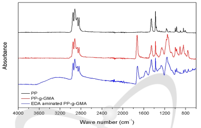 PP, PP-g-PGMA, aminated PP-g-PGMA의 FT-IR 스펙트라