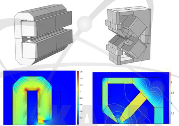 전자석 설계 예시(좌: 이극자석, 우: 사극자석기반 Reverse Bend)