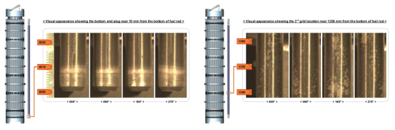 J14-E12 연료봉 외관검사 사진 (좌: 하단 봉단마개, 우: 3번 지지격자 위치)