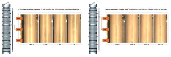 J14-E12 연료봉 외관검사 사진 (좌: 5번 지지격자 위치, 우: 6번 지지격자 위치)