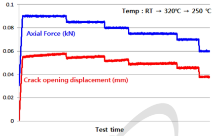 250℃에서 구현한 하중에 따른 DHC 진전 측정 결과