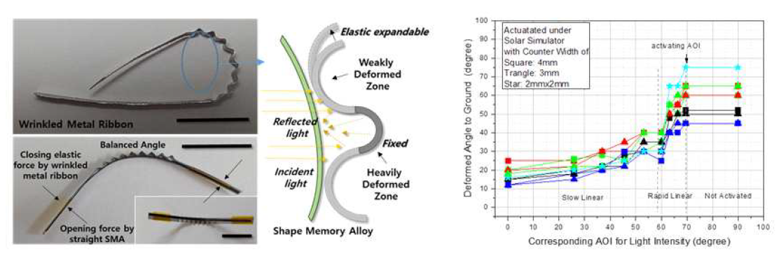 (좌) Wrinkled metal ribbon과 형상기억합금 ribbon으로 구성된 photo-thermal actuator 사진 및 작동 원리 개념도. (우) Photo-thermal actuator의 입사광 AOI에 따른 각도 변형 각도 변화